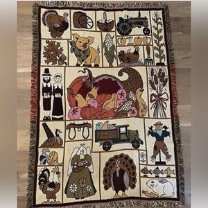 Harvest Season Woven Throw Blanket with Fall Colors & Cornucopia Leaves Autumn